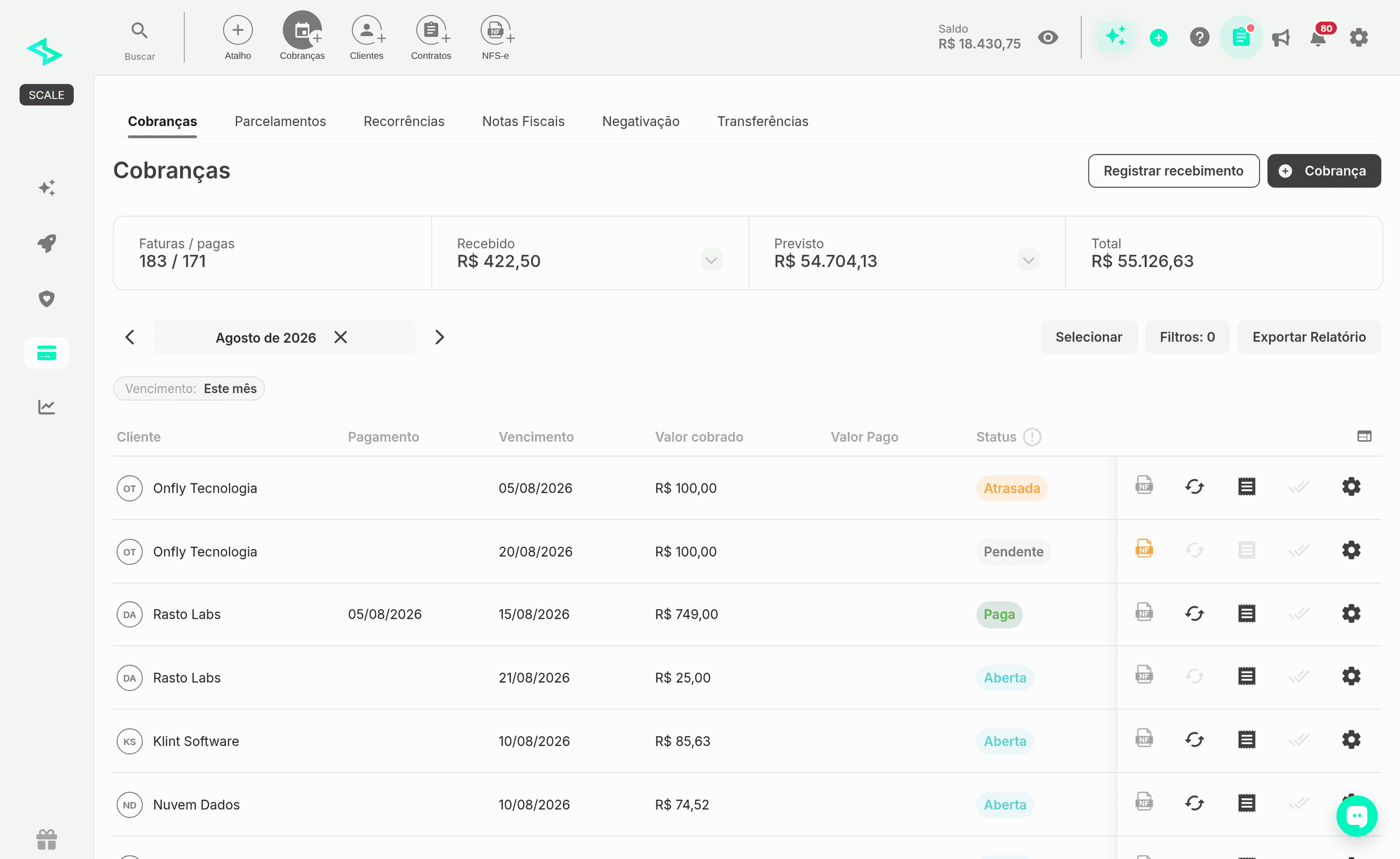 Tela de cobranças da Base de Clientes, com vencimento, valor e status de cada fatura