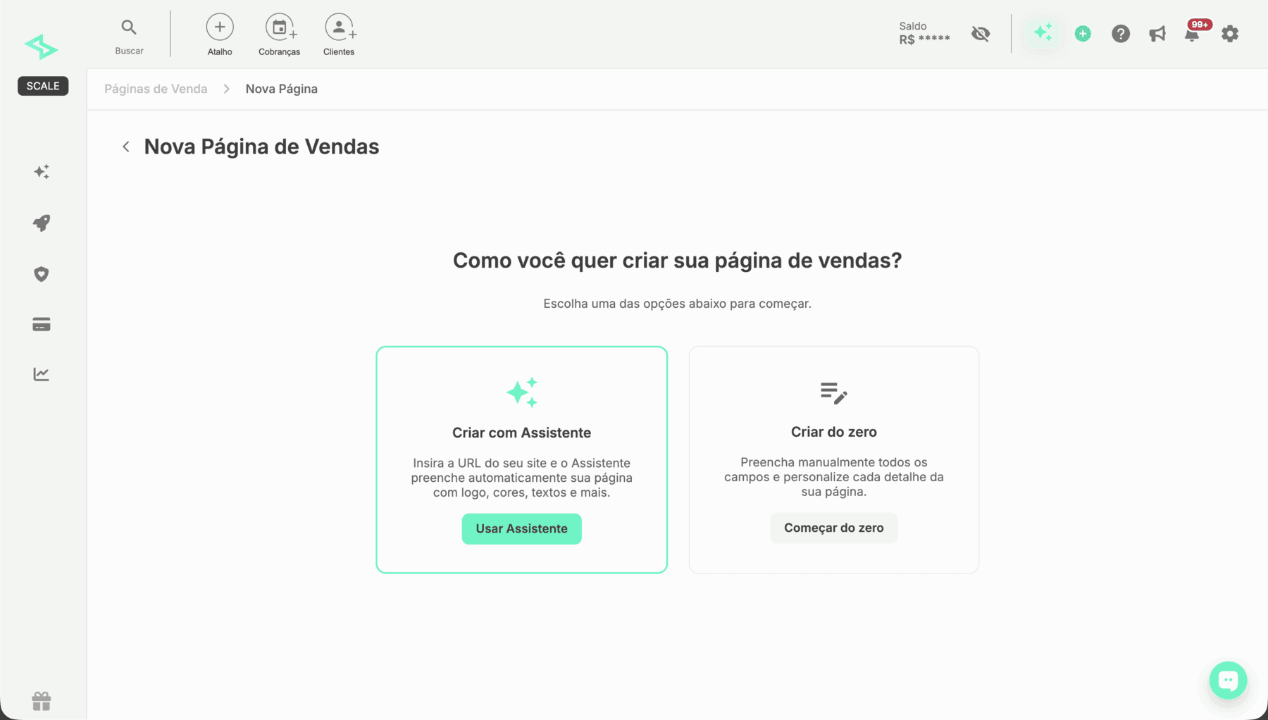 Tela de nova página de vendas da Base de Clientes, com criação assistida ou do zero